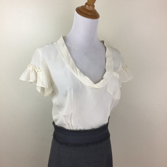 REBECCA TAYLOR Ivory Gray Silk Wool Blend Ruffle Short Sleeve Dress - Picture 5 of 15